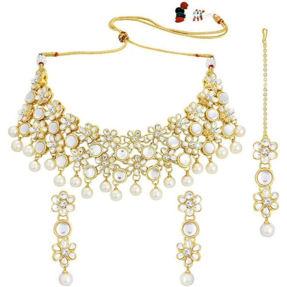 Kundan Beads Necklace Earrings Maangtikka Set Ethnic Jewelry for Women